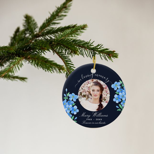 Blue photo memorial forget me not flowers ceramic ornament (Creator Uploaded)