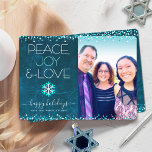 Blue Photo Peace Joy Love Script Snowflake Modern  Holiday Card<br><div class="desc">“Peace, joy & love.” A fun, playful, snowflake illustration and modern typography on a rich, deep teal blue marble watercolor background help you usher in the holiday season, along with the custom photo of your choice. Faux turquoise foil and white confetti dots frame the card. Feel the warmth and joy...</div>