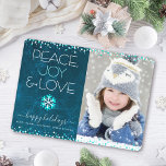 Blue Photo Peace Joy Love Snowflake Custom Modern Holiday Card<br><div class="desc">“Peace, joy & love.” A fun, playful, snowflake illustration and modern typography on a rich, deep teal blue marble watercolor background help you usher in the holiday season, along with the custom photo of your choice. Faux turquoise foil and white confetti dots frame the card. Feel the warmth and joy...</div>