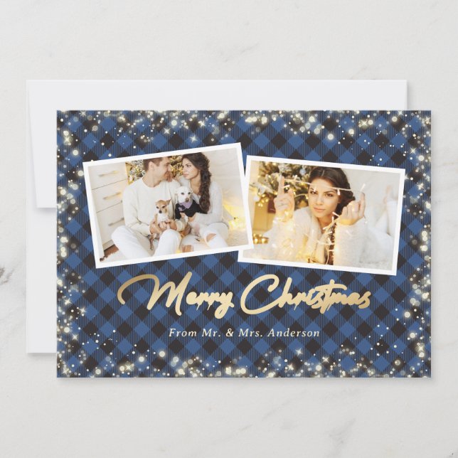 Blue Photo Plaid Gold Newlyweds Merry Christmas Holiday Card (Front)