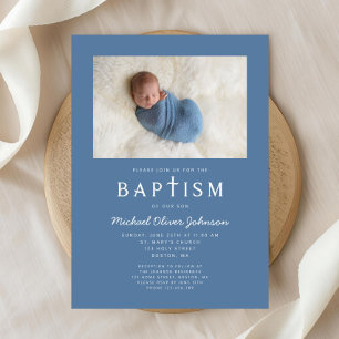 Blue Photo Religious Cross Boy Baptism Invitation