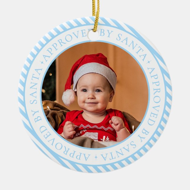 Blue Photo Santa's Nice List Member Christmas Ceramic Ornament (Front)