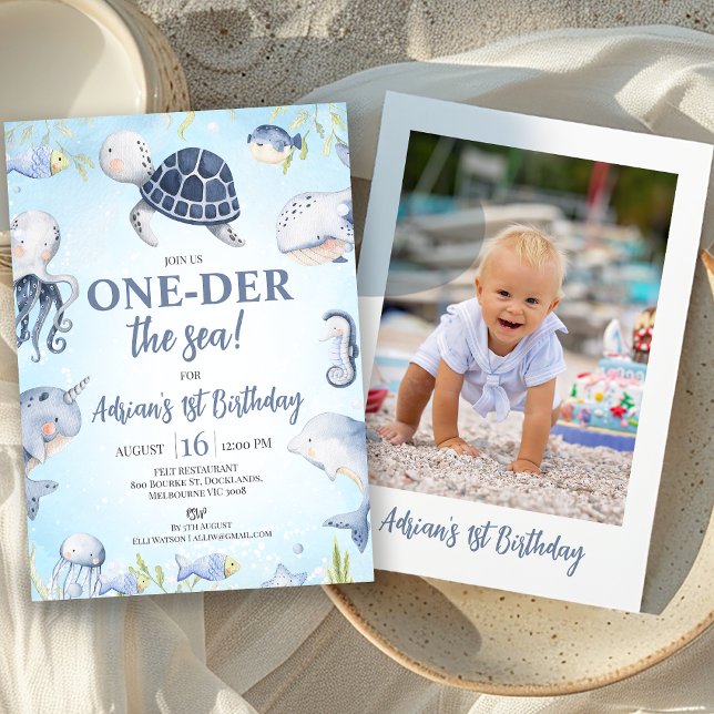 Blue Photo Sea Turtle One-der The Sea 1st Birthday Invitation (Boys Oneder the Sea First Birthday Invitation with Photo on the Back, Navy Blue One-der the Sea )