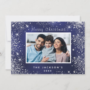 Blue photo silver sparkle Christmas card