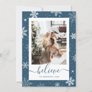 Blue Photo Snowflake Believe Holiday Card