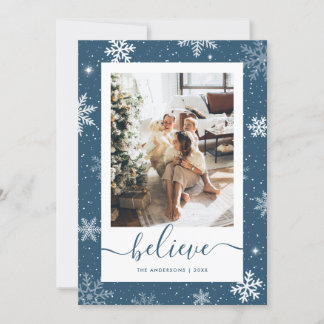 Blue Photo Snowflake Believe Holiday Card