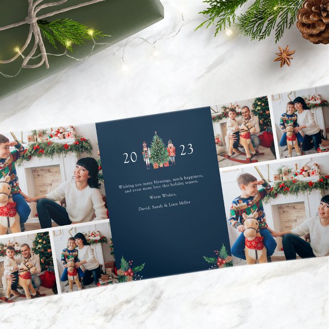 Blue Photo Trifold Holiday Card (2023 Navy Blue Nutcracker Photo Trifold Holiday Card)