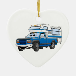 Blue Pick Up Camper Cartoon Ceramic Ornament