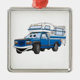 Blue Pick Up Camper Cartoon Metal Ornament