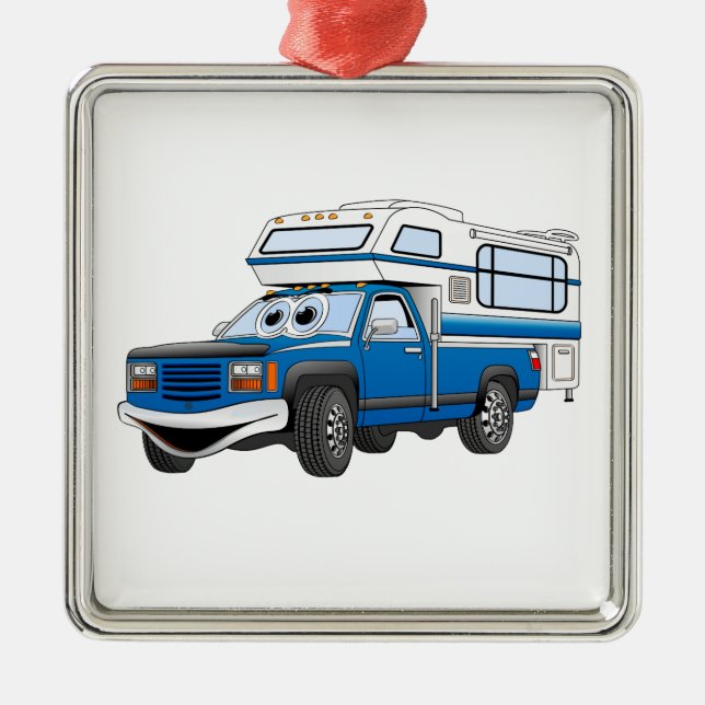 Blue Pick Up Camper Cartoon Metal Ornament (Front)
