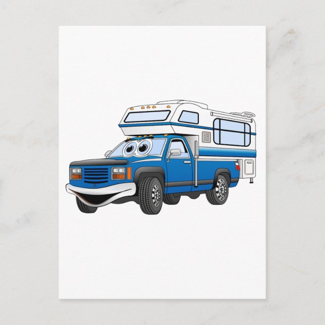 Blue Pick Up Camper Cartoon Postcard (Front)