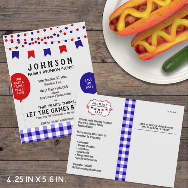Blue Picnic Party for Barbecue  Reunion Birthday Announcement Postcard (Budget-Friendly Family Reunion / Summer Picnic Postcard Invitation -- Customize It Now!)
