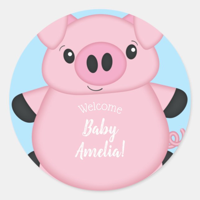 Blue Pig Baby Shower Classic Round Sticker (Front)