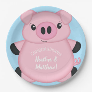 Blue Pig Baby Shower Paper Plate