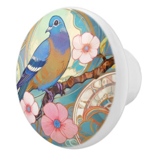 Blue Pigeon Bird Pink Floral Spring Flowers Aqua Ceramic Knob