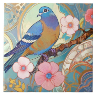 Blue Pigeon Bird Pink Floral Spring Flowers Aqua Ceramic Tile