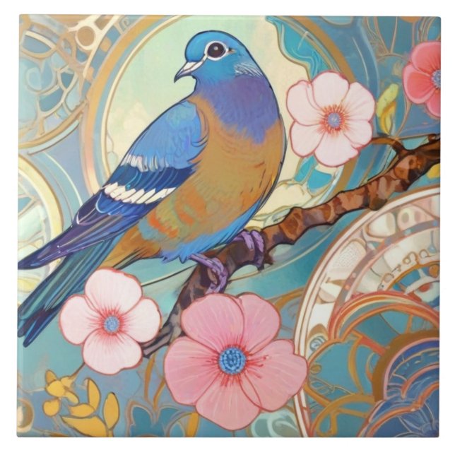 Blue Pigeon Bird Pink Floral Spring Flowers Aqua Ceramic Tile (Front)
