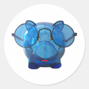 Blue Piggy Bank with Glasses Classic Round Sticker