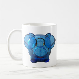 Blue Piggy Bank with Glasses Coffee Mug