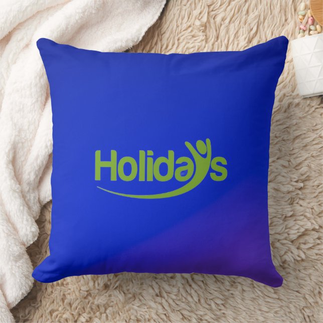 Blue pillow with green "Holidays" text (Blanket)