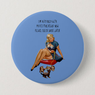 Blue pin up girl with kittens pin back button