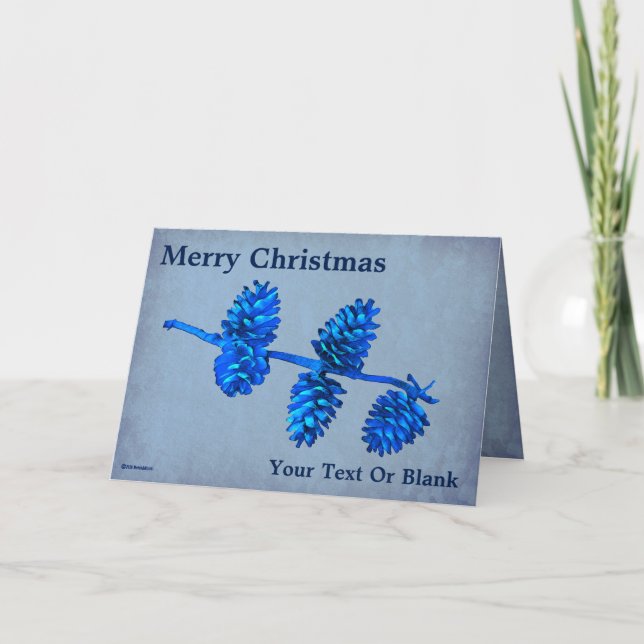 Blue Pine Cone Branch on Old Paper Card (Front)