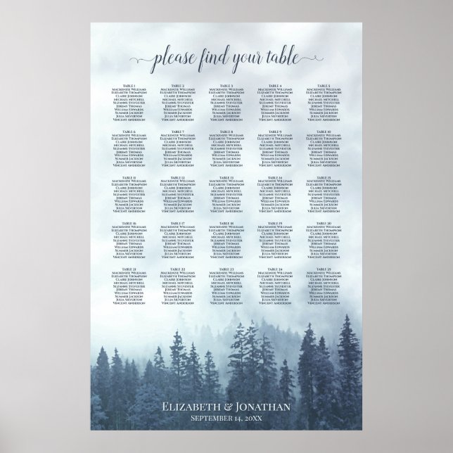 Blue Pine Forest 25 Table Wedding Seating Chart (Front)