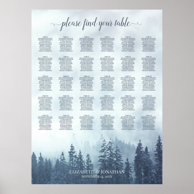 Blue Pine Forest 30 Table Wedding Seating Chart (Front)