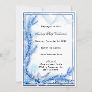 Blue Pine Holly Christmas Party Invitation