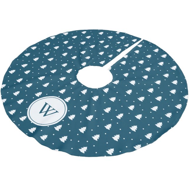 Blue Pine Trees Pattern Custom Family Monogram Brushed Polyester Tree Skirt (Angled)