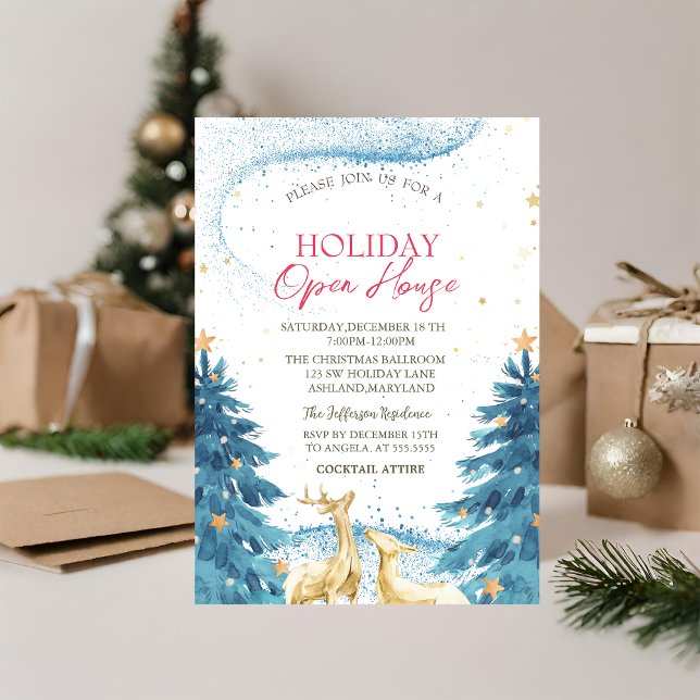 Blue Pine Trees Reindeers Holiday Open House  Invitation (Creator Uploaded)
