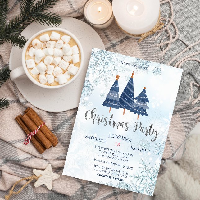Blue Pine Trees Snowflakes Christmas Company Party Invitation (Creator Uploaded)