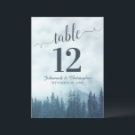 Blue Pine Trees Wedding Table Number Card Large<br><div class="desc">These beautiful wedding table number cards feature an elegant yet rustic design with a fancy script calligraphy title and a backdrop of blue mountain pine trees shrouded in mist or fog. These cards are larger than standard making it easy for your guests to find their tables. Perfect way to make...</div>