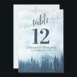 Blue Pine Trees Wedding Table Number Card Large<br><div class="desc">These beautiful wedding table number cards feature an elegant yet rustic design with a fancy script calligraphy title and a backdrop of blue mountain pine trees shrouded in mist or fog. These cards are larger than standard making it easy for your guests to find their tables. Perfect way to make...</div>