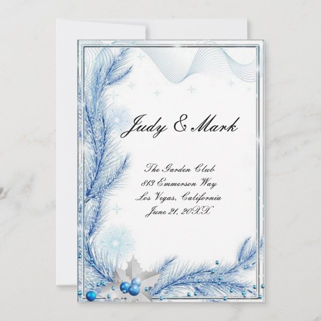 Blue Pine Winter Christmas Wedding Menu Card (Front)