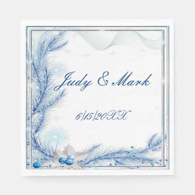 Blue Pine Winter Christmas Wedding Paper Napkins (Front)