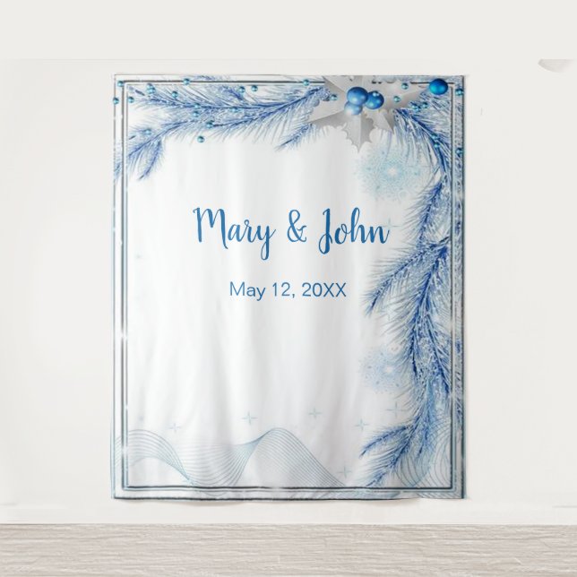 Blue Pine Winter Christmas Wedding Photo Backdrop Tapestry (Front)
