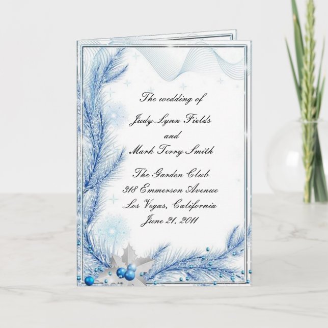 Blue Pine Winter Christmas Wedding Program Card (Front)