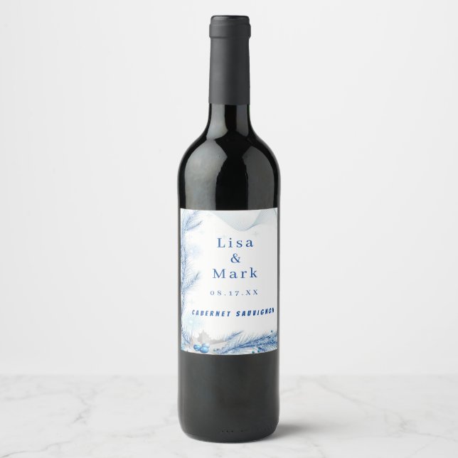 Blue Pine Winter Christmas Wedding Wine Labels (Front)