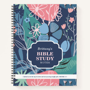 Blue Pink Abstract Floral Personalized Bible Study Notebook