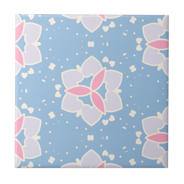 Blue & Pink Abstract Heart Pattern Ceramic Tile (Front)