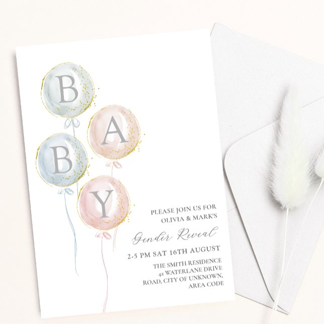 Blue Pink and Gold Baby Balloons Gender Reveal Invitation (Creator Uploaded)