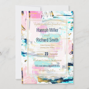 Blue Pink and Gold Brush Painting Invitation
