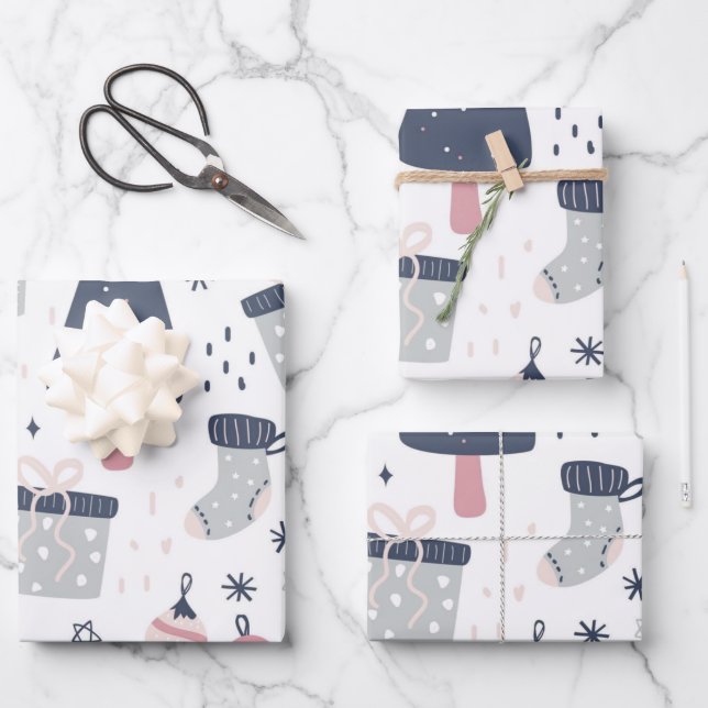 Blue Pink and Grey Christmas Wrapping Paper Sheet (Front)