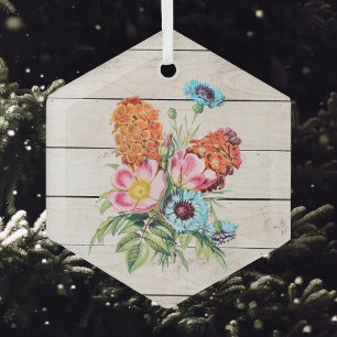 Blue Pink and Orange Bouquet on Rustic Faux Wood  Glass Tree Decoration