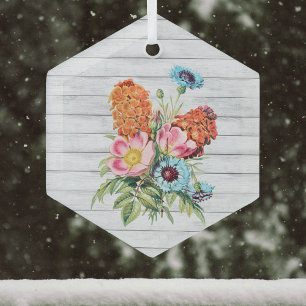 Blue Pink and Orange Bouquet on White Faux Wood  Glass Tree Decoration