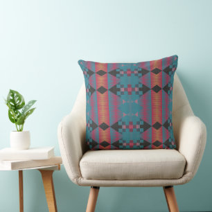 Blue pink and orange geometric abstract cushion