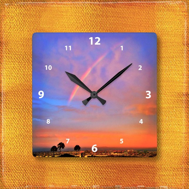 Blue pink and orange sky rainbow sunrise photo square wall clock (Creator Uploaded)