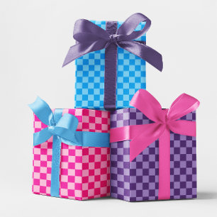 Blue Pink and Purple Checkerboard Multi Wrapping Paper Sheet