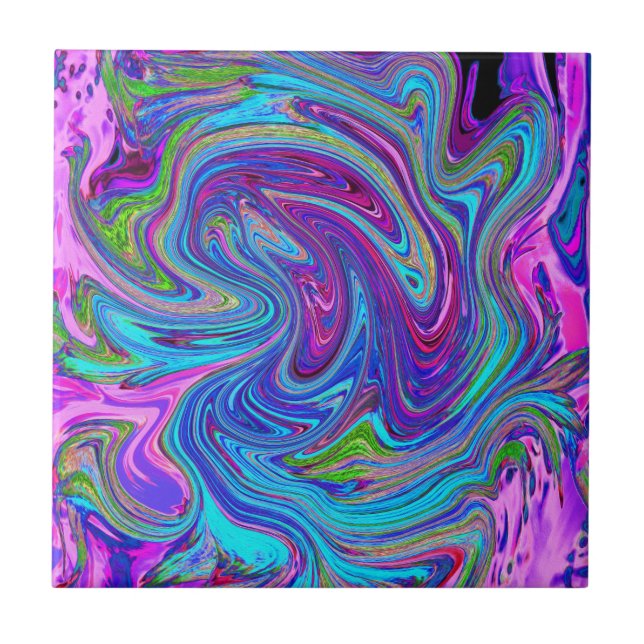 Blue, Pink and Purple Groovy Abstract Retro Art Ceramic Tile (Front)